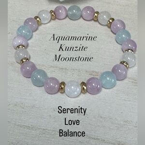 Hand Crafted Aquamarine Kunzite Moonstone Gemstone Bracelet